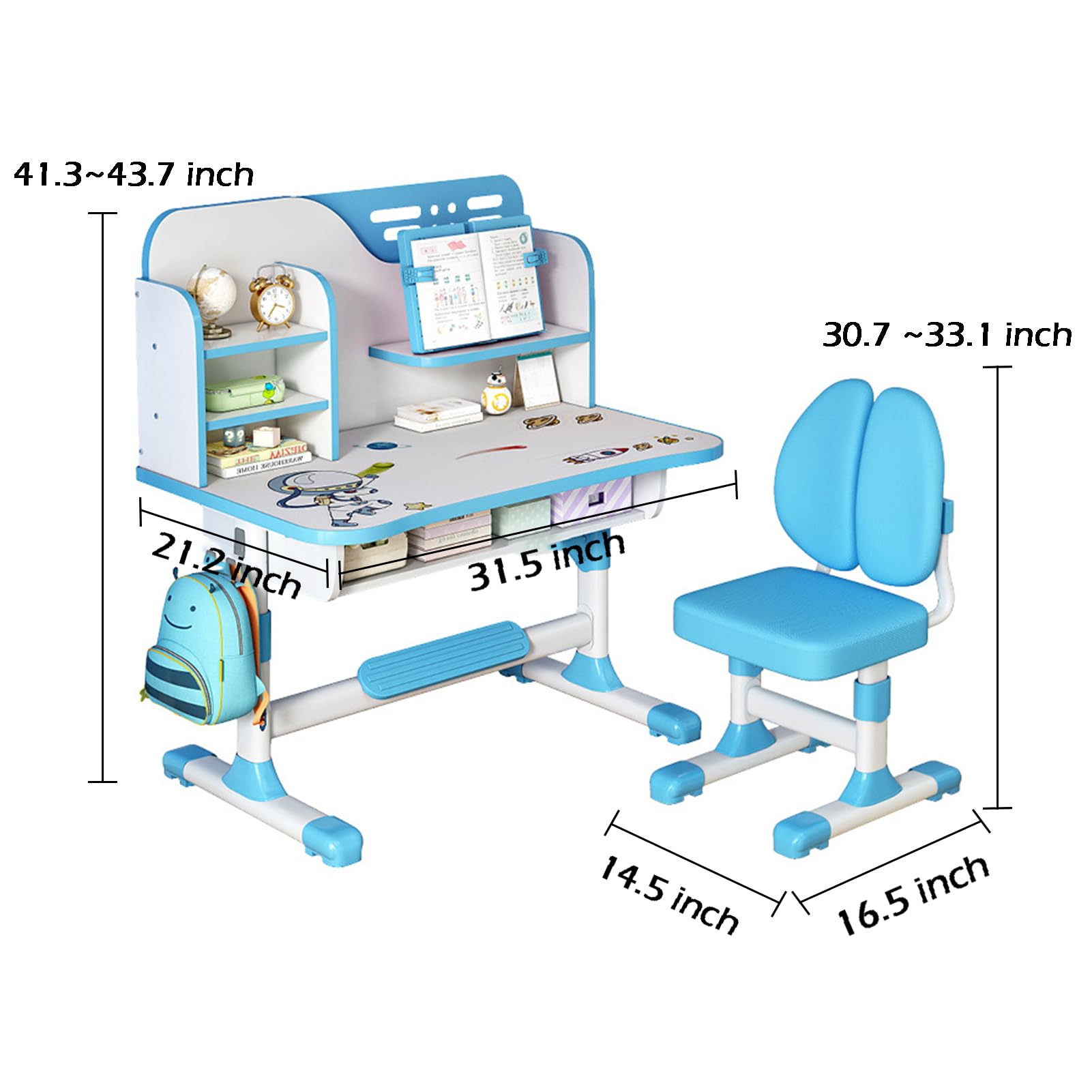 PAPABA Kids Desk and Chair Set, Height Adjustable Astronaut Pattern Children School Desk with Shelf & Large Drawers, Kids Writing Study Table for Boys Girls 3+ (Blue)