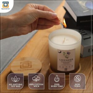 SquaredMart Natural Soy Candle - Lavender Moonlight Sonata, Lavender, Jasmine, Musk & Vanilla Scents, 55 Hour Burn, 100% Cotton Wick, Eco-Friendly Bamboo Coaster & Lid, Decor & Calming, Sandy Bliss