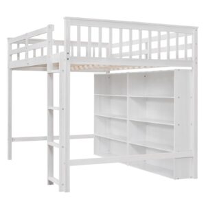 Harper & Bright Designs Full Size Loft Bed with Storage, Wooden Loft Bed Frame with 8 Open Storage Shelves and Built-in Ladder, White