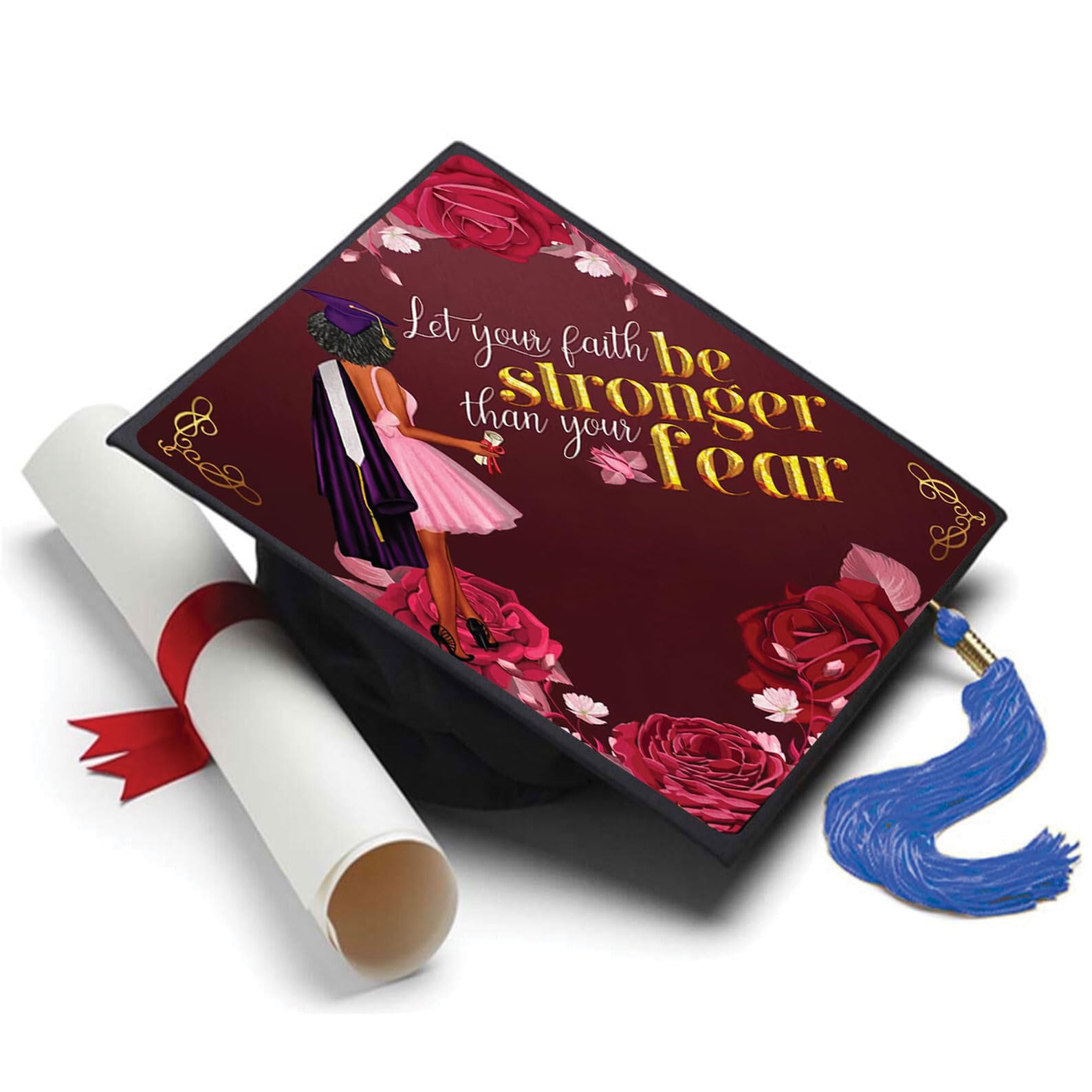 Floral Custom Grad Cap Topper, Grad Cap Decorations and Graduation Hat Accessories, Faith Stronger Than Your Fear