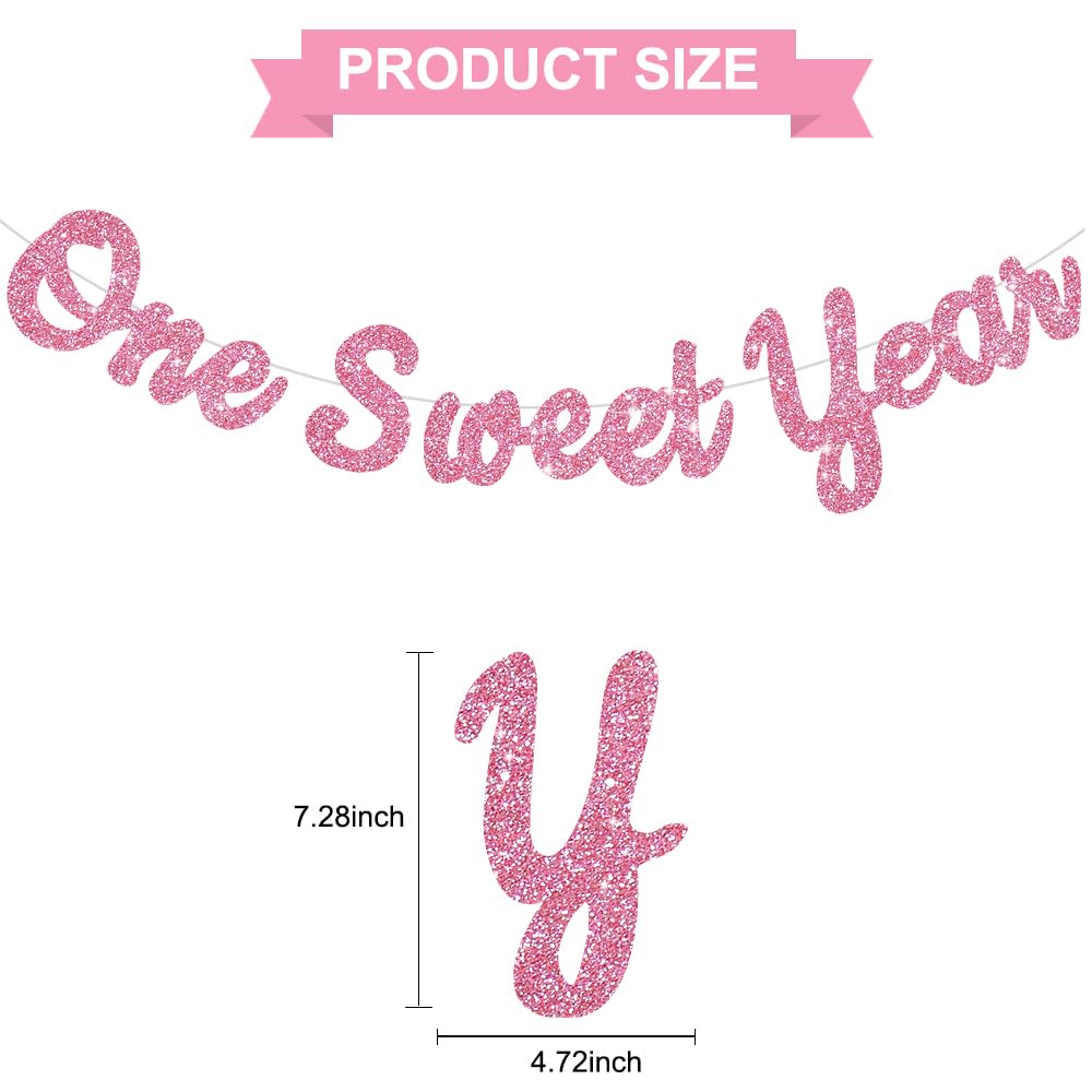 BEISHIDA Pink Glitter Sweet 1 Year Banner(Pre-Strung), First Birthday Anniversary Party Decorations Supplies for Boys Girls, Sweet Bunting Sign,1st Bday Baby Shower Hanging banner