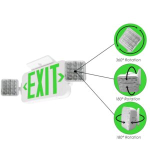 LFI Lights | Combo Green Exit Sign with Emergency Lights | White Housing | All LED | Two Adjustable Square Heads | Hardwired with Battery Backup | Remote Head Capable | UL Listed | COMBO2-G-W-RH