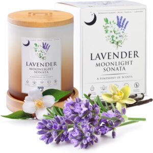 squaredmart natural soy candle - lavender moonlight sonata, lavender, jasmine, musk & vanilla scents, 55 hour burn, 100% cotton wick, eco-friendly bamboo coaster & lid, decor & calming, sandy bliss