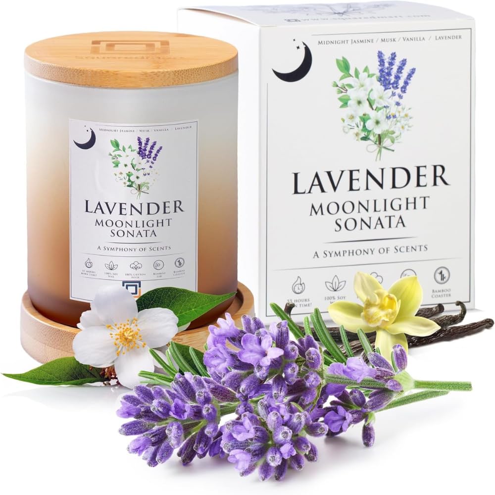 SquaredMart Natural Soy Candle - Lavender Moonlight Sonata, Lavender, Jasmine, Musk & Vanilla Scents, 55 Hour Burn, 100% Cotton Wick, Eco-Friendly Bamboo Coaster & Lid, Decor & Calming, Sandy Bliss