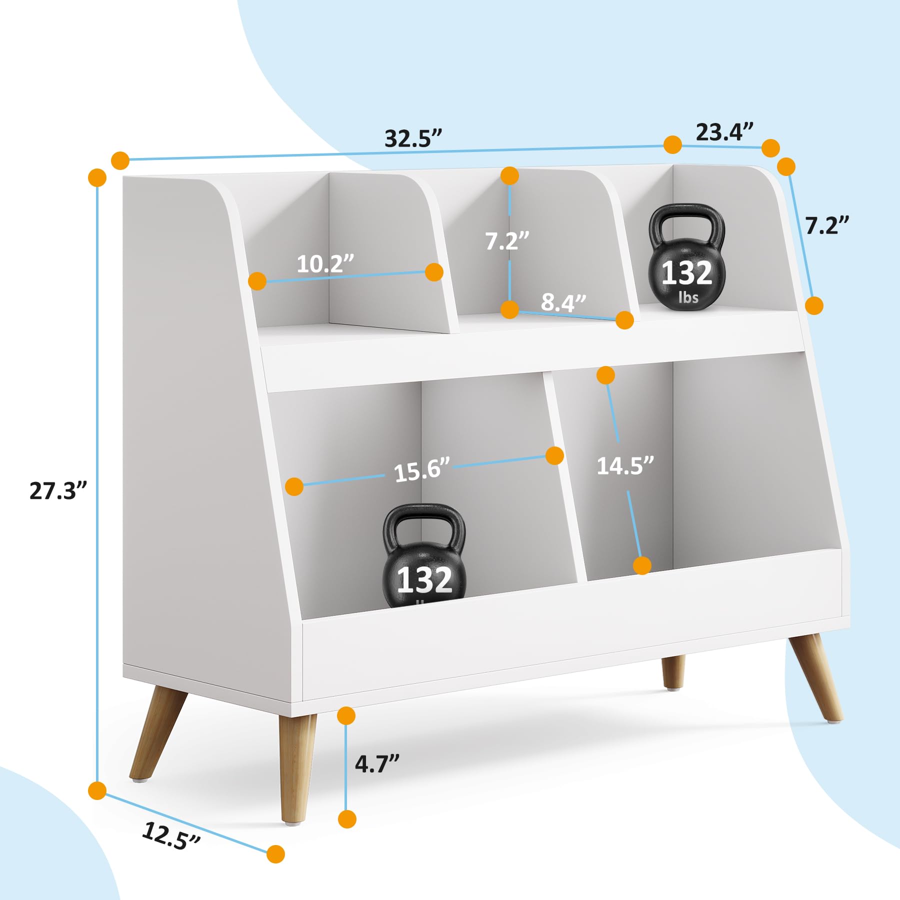 VANOMi Kids Bookshelf, 5 Cubbies Wooden Open Toy Storage Organizer, 2 Tier Baby Bookcase with Legs, Free Standing Small Bookshelf for Nursery, Playroom, Bedroom and Classroom (White)