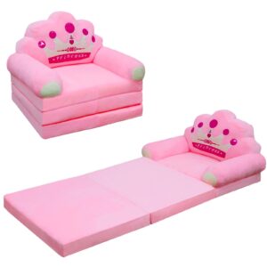 plyfou kids fold out couch, couch for toddlers 1-3, 2-in-1 foldable princess chair for toddlers, mini couch for kids reading and napping, idea for girls, pink