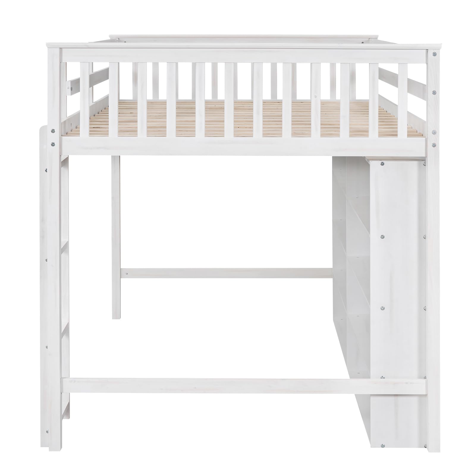 Harper & Bright Designs Full Size Loft Bed with Storage, Wooden Loft Bed Frame with 8 Open Storage Shelves and Built-in Ladder, White