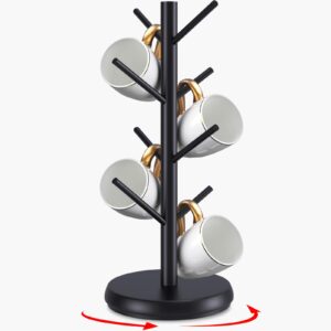 zyzwtg mug holder tree,new upgraded 360° rotated 8 hooks coffee cup holder for counter,wood coffee mug rack standing for coffee bar accessories and kitchen home organizer(black)