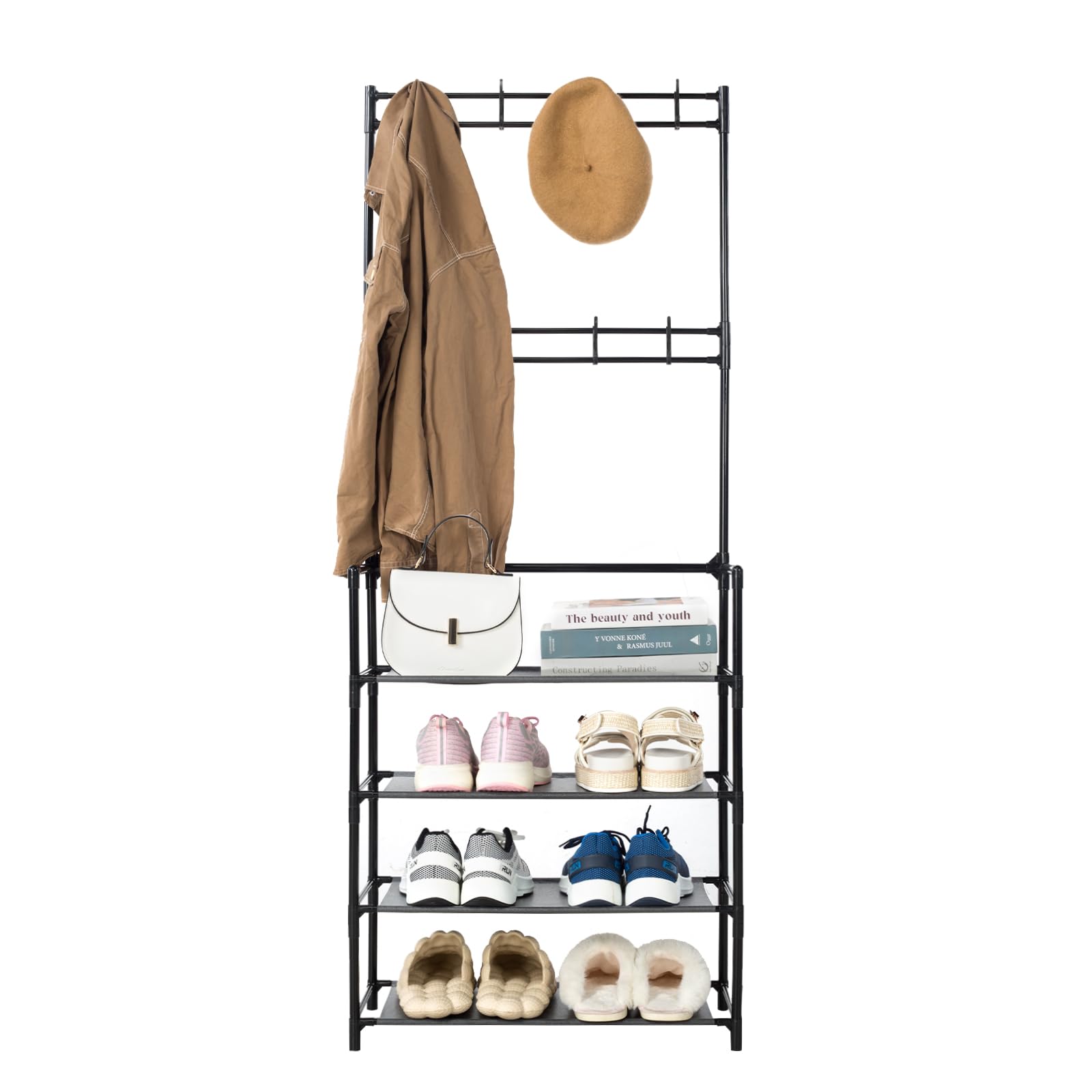 Bixtaneab 4-Tier Coat and Shoe Rack – Space-Saving Entryway Organizer for Front Door, Bedroom, Hallway, Office – Easy Assembly, Multifunctional Storage Solution