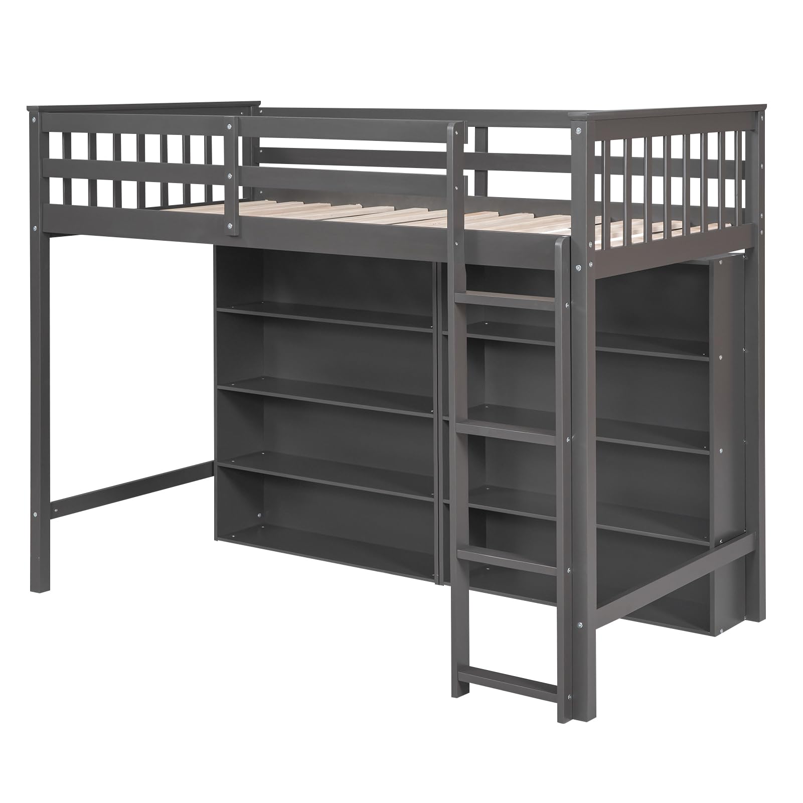 Harper & Bright Designs Twin Size Loft Bed with Storage, Wooden Loft Bed Frame with 8 Open Storage Shelves and Built-in Ladder, Gray