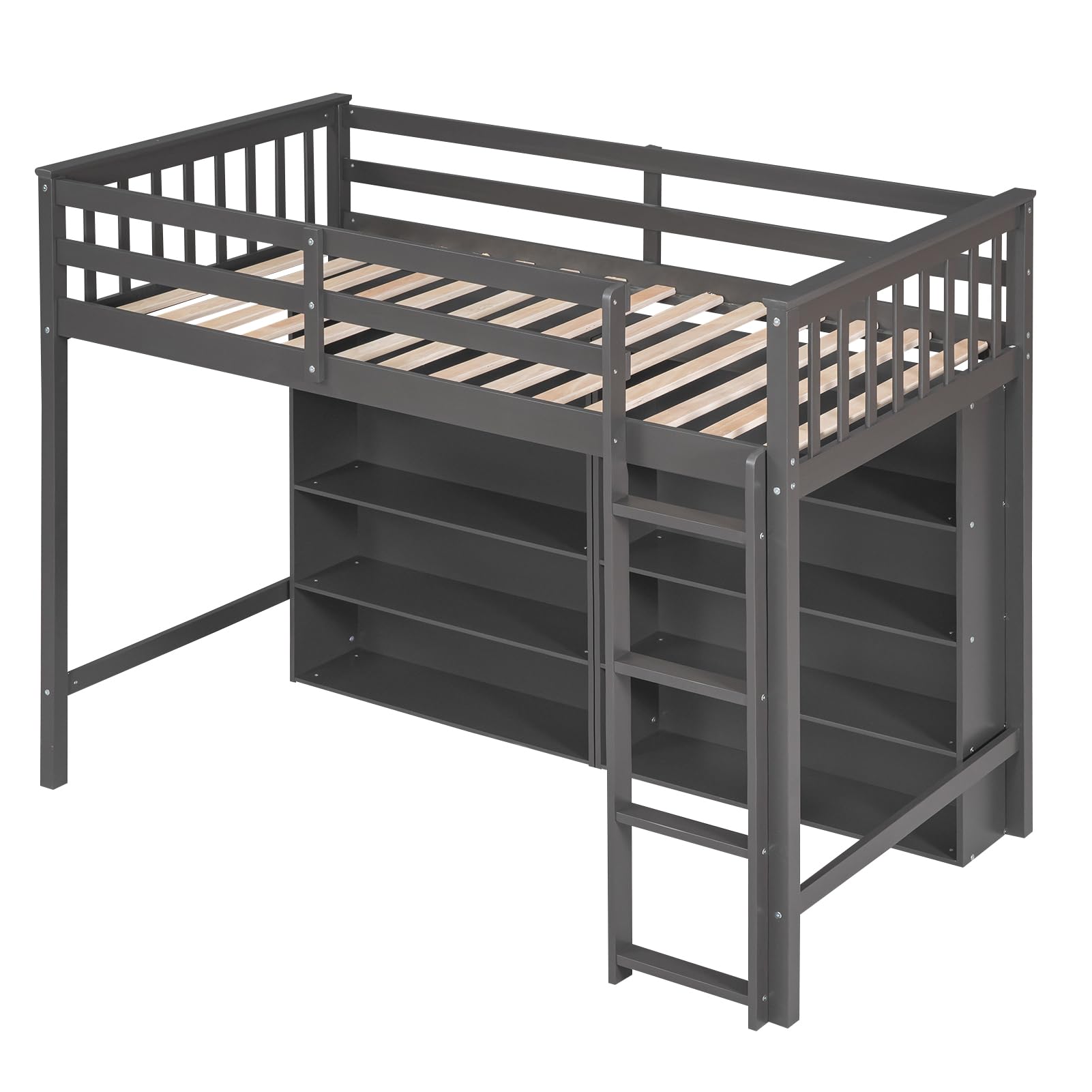 Harper & Bright Designs Twin Size Loft Bed with Storage, Wooden Loft Bed Frame with 8 Open Storage Shelves and Built-in Ladder, Gray