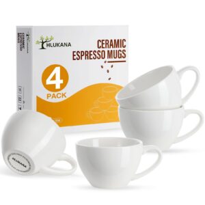 hlukana porcelain espresso cups set of 4, 4 oz small coffee mugs, white demitasse cups perfect for espresso machine and coffee maker, microwave dishwasher safe espresso cups