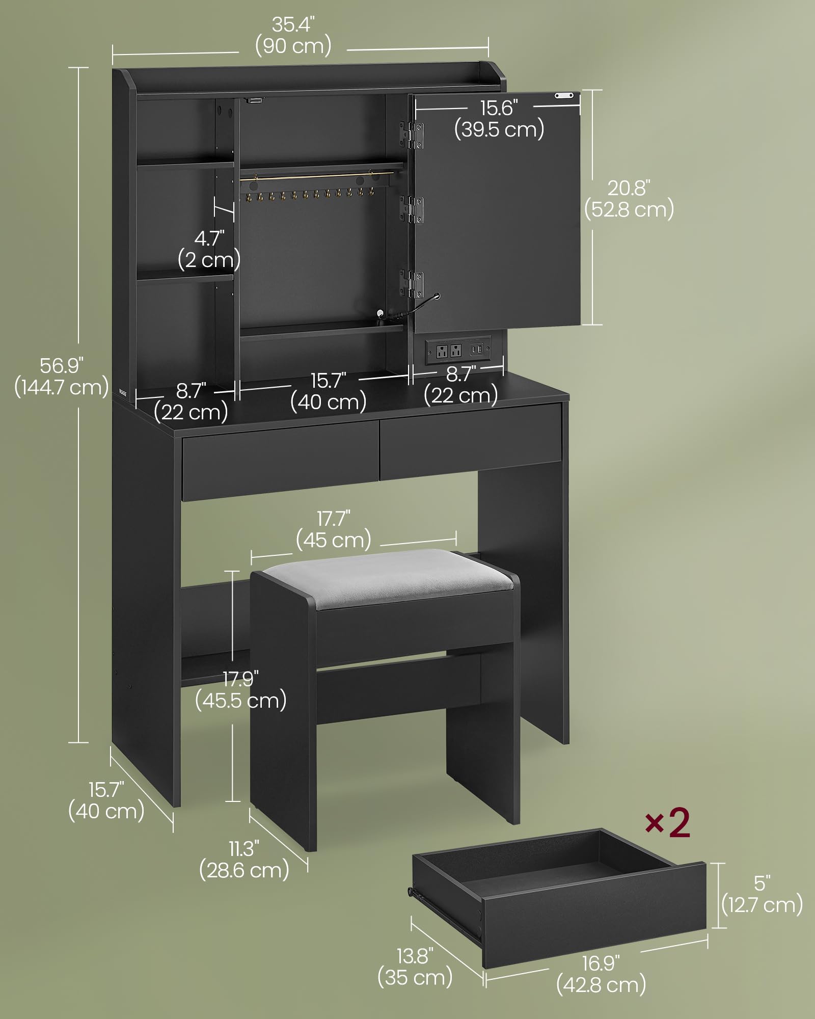 VASAGLE Vanity Desk with Power Outlets, Makeup Vanity with Mirror and Lights, Upholstered Vanity Stool, Dimmable LED Lights, 6 Compartments, 2 Drawers, for Bedroom, Ink Black URDT031B01