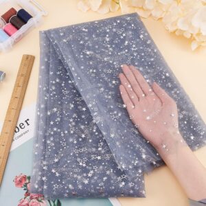 BENECREAT 3 Yards Gray Sequins Star Lace Fabric, 59 inch Wide Silver Star Fabric Skirt Dress for Wedding Dresses DIY Craft Embellishments