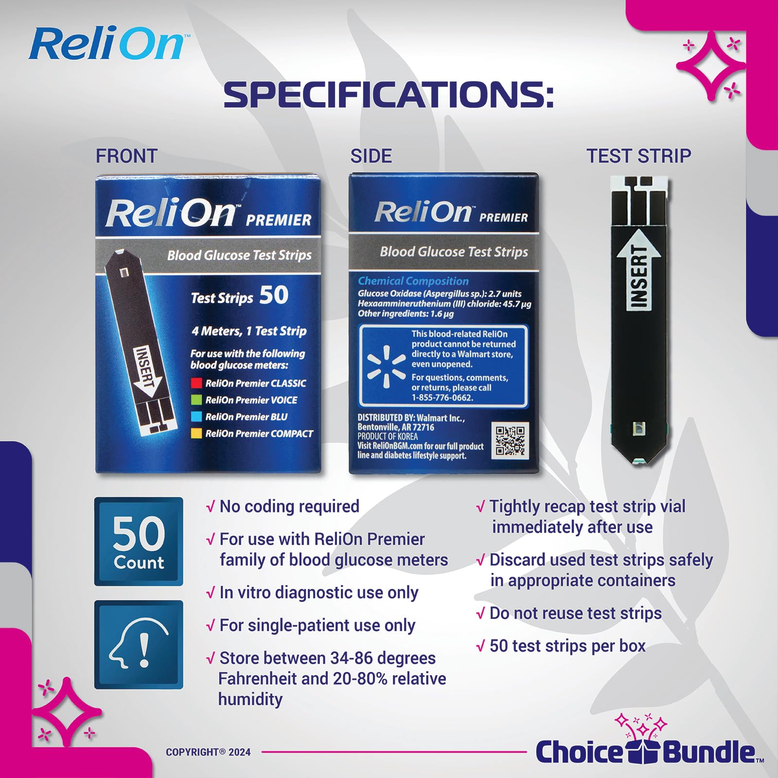 ReliOn Reli On Premier Blood Glucose Test Strips 50 Ct Choice Bundle | + Food for Life Guide & Portable Pill Container (3 Items)!