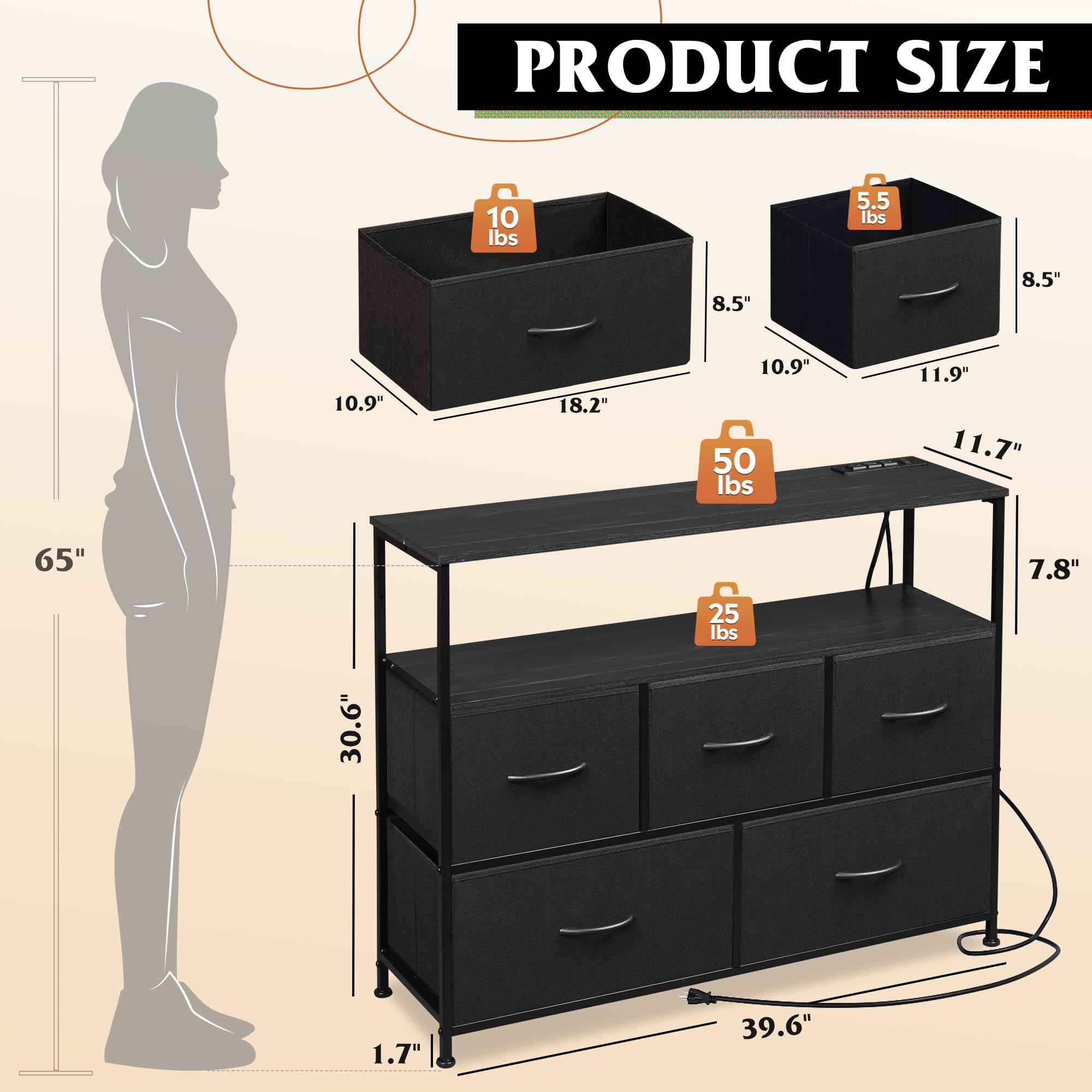 WLIVE Fabric Dresser for Bedroom with 5 Drawers, Entertainment Center with Open Shelf and Power Outlet for 45 inch TV, Dresser TV Stand with Storage for Closet, Black