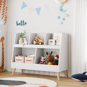 VANOMi Kids Bookshelf, 5 Cubbies Wooden Open Toy Storage Organizer, 2 Tier Baby Bookcase with Legs, Free Standing Small Bookshelf for Nursery, Playroom, Bedroom and Classroom (White)