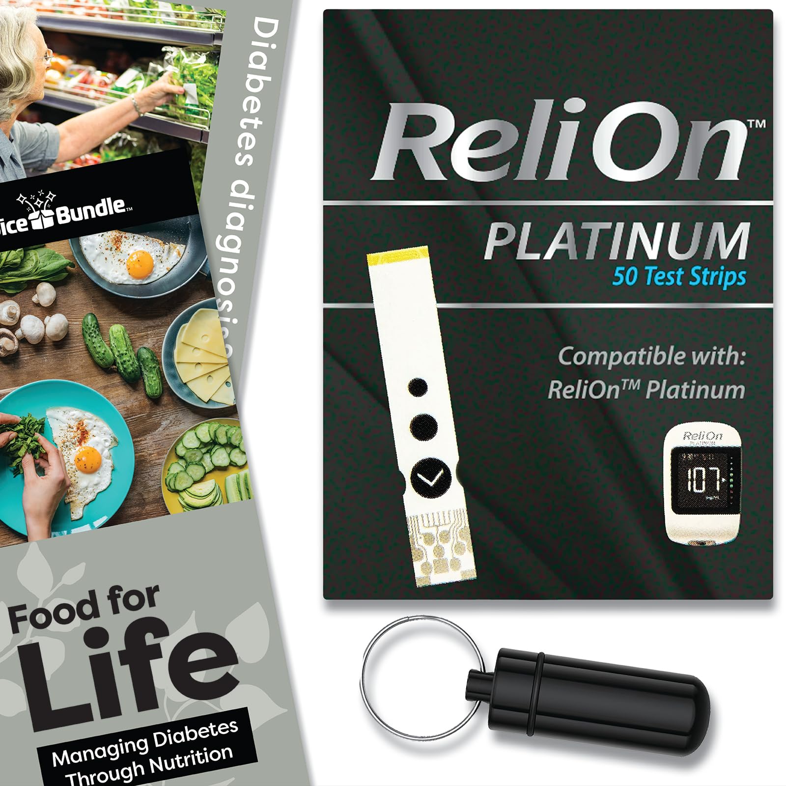 ReliOn Reli On Platinum Blood Glucose Test Strips 50 Ct Choice Bundle | Includes Food for Life Guide & Portable Pill Container (3 Items)!