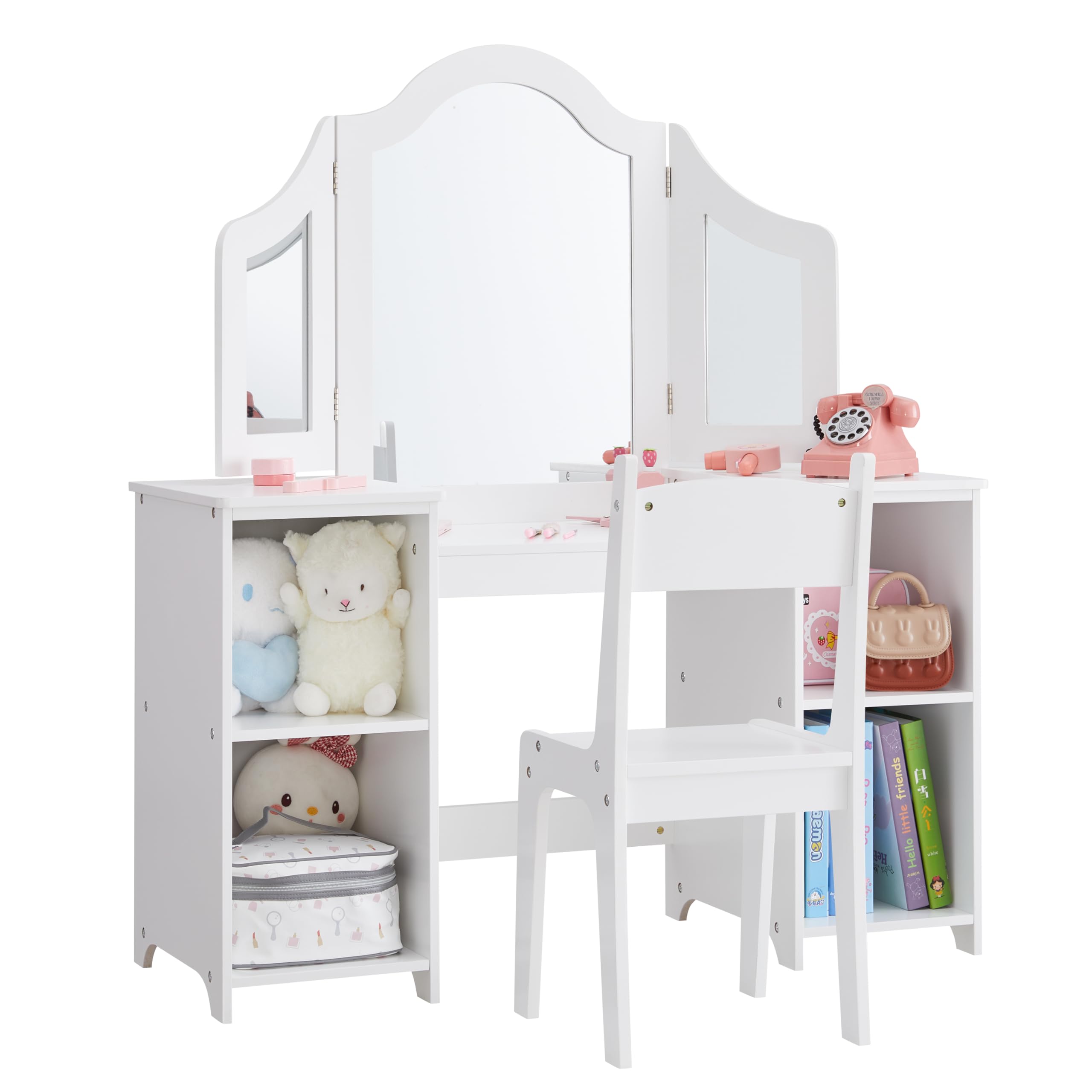 2 in 1 Kids Vanity Set, Princess Makeup Table and Chair with Open Storage Cabinet, Pretend Play Vanity with Detachable Tri-fold Mirror for Little Girls Age 3-9 (White with Chair)