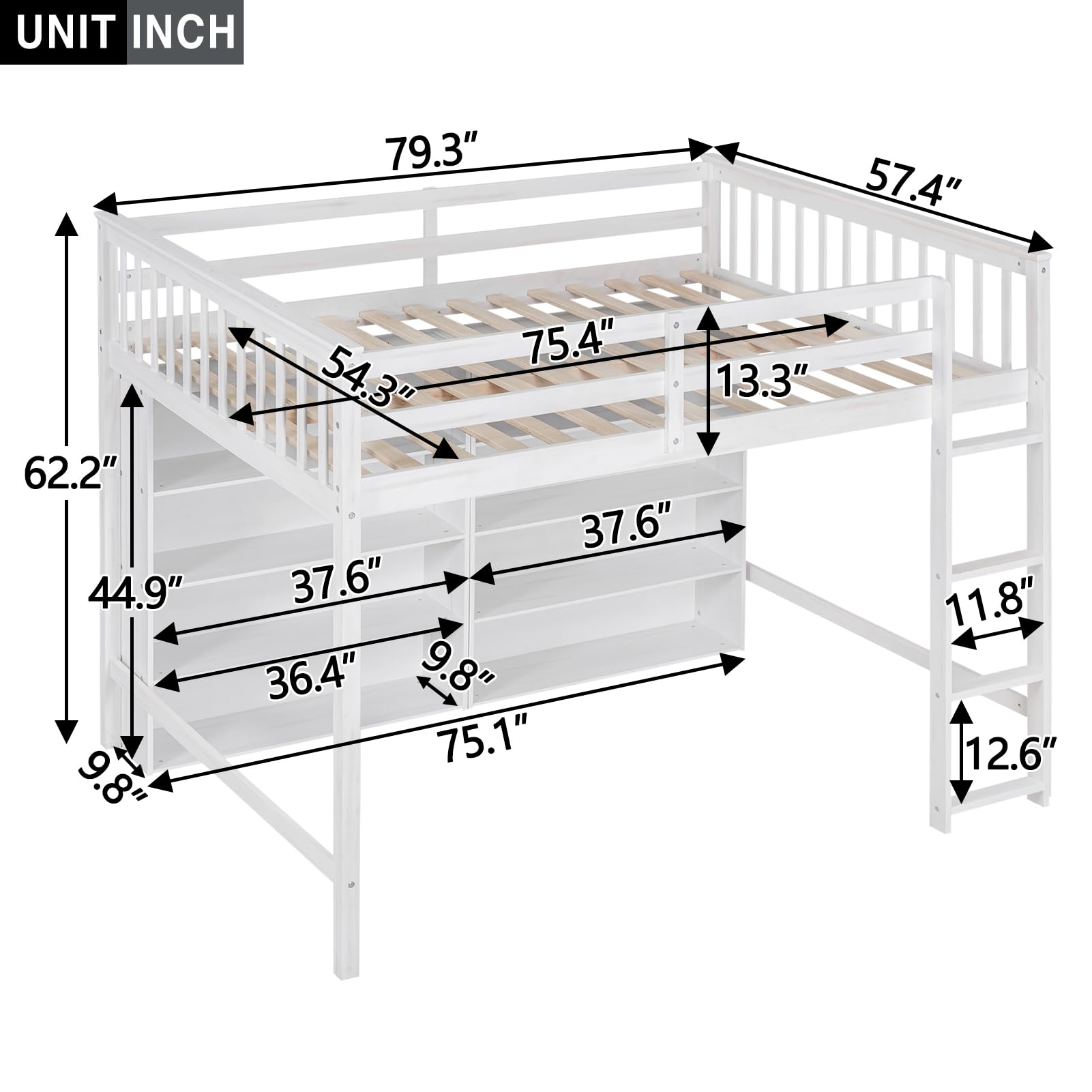 Harper & Bright Designs Full Size Loft Bed with Storage, Wooden Loft Bed Frame with 8 Open Storage Shelves and Built-in Ladder, White