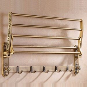 VoOqo Bathroom Towel Holder, Towel Rail Wall Mounted Aluminum Foldable Antique Brass Bath Towel Rack Active Bathroom Towel Holder Double Towel Shelf with Hooks Bathroom Accessories Convenient