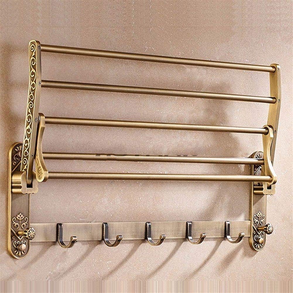 VoOqo Bathroom Towel Holder, Towel Rail Wall Mounted Aluminum Foldable Antique Brass Bath Towel Rack Active Bathroom Towel Holder Double Towel Shelf with Hooks Bathroom Accessories Convenient