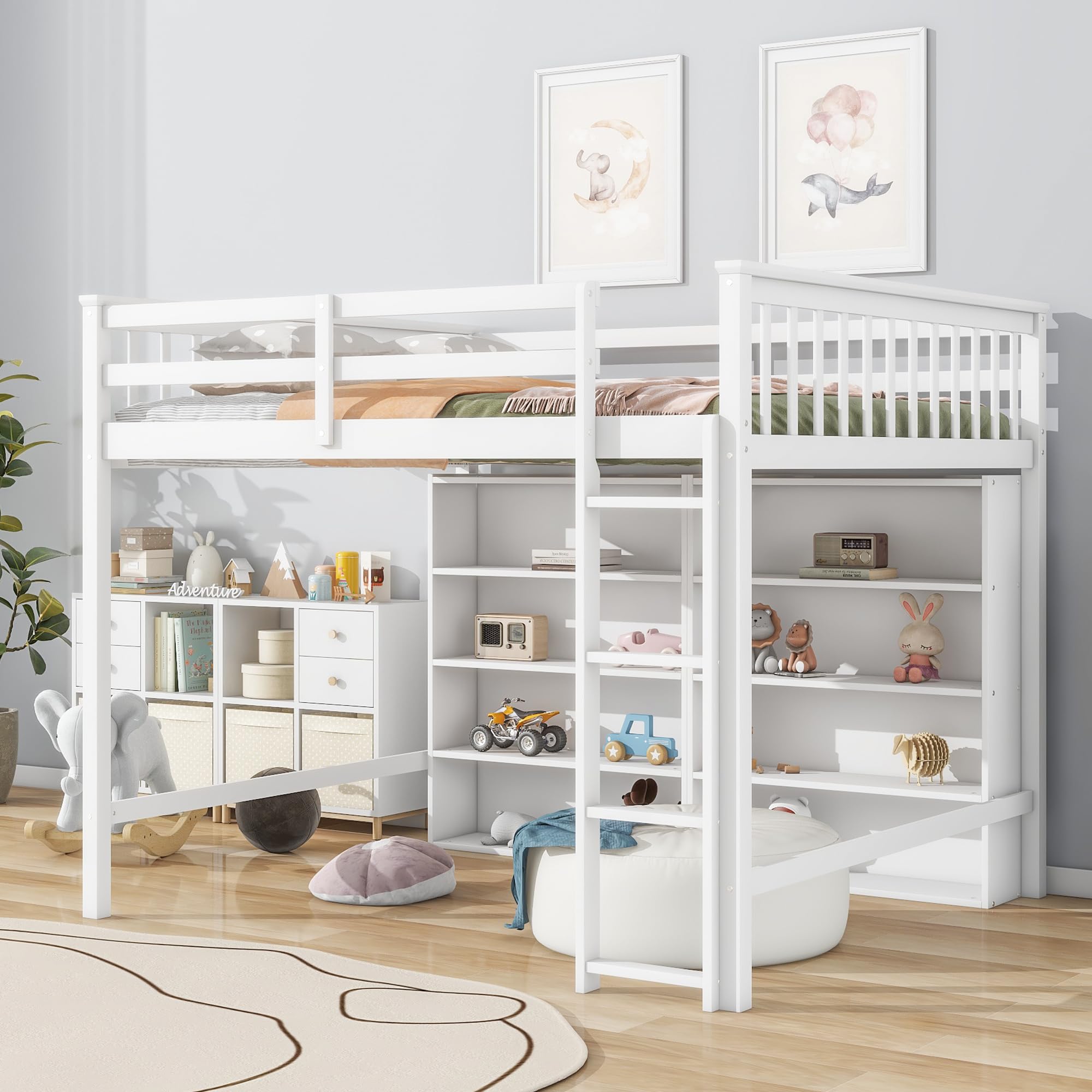 Harper & Bright Designs Full Size Loft Bed with Storage, Wooden Loft Bed Frame with 8 Open Storage Shelves and Built-in Ladder, White