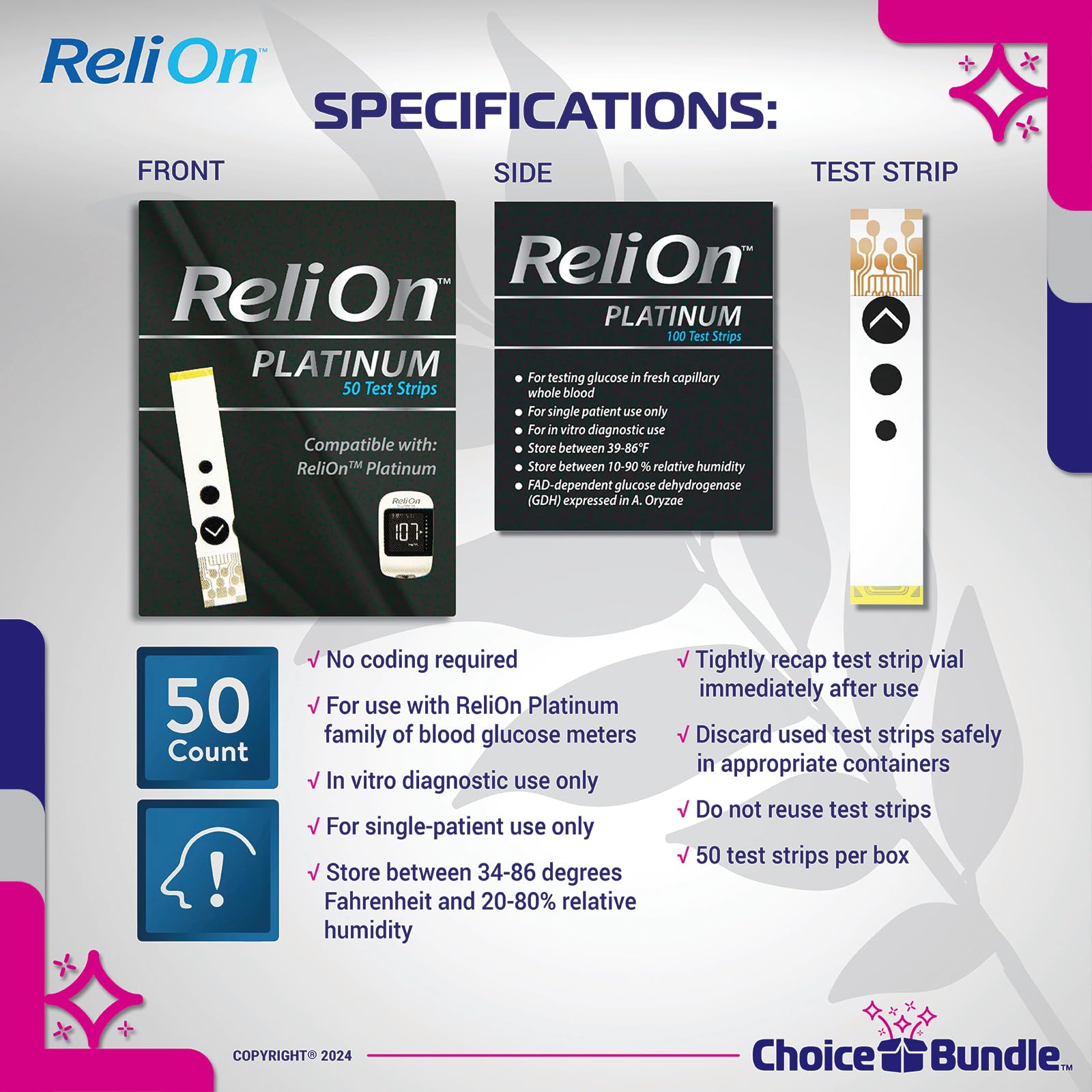 ReliOn Reli On Platinum Blood Glucose Test Strips 50 Ct Choice Bundle | Includes Food for Life Guide & Portable Pill Container (3 Items)!