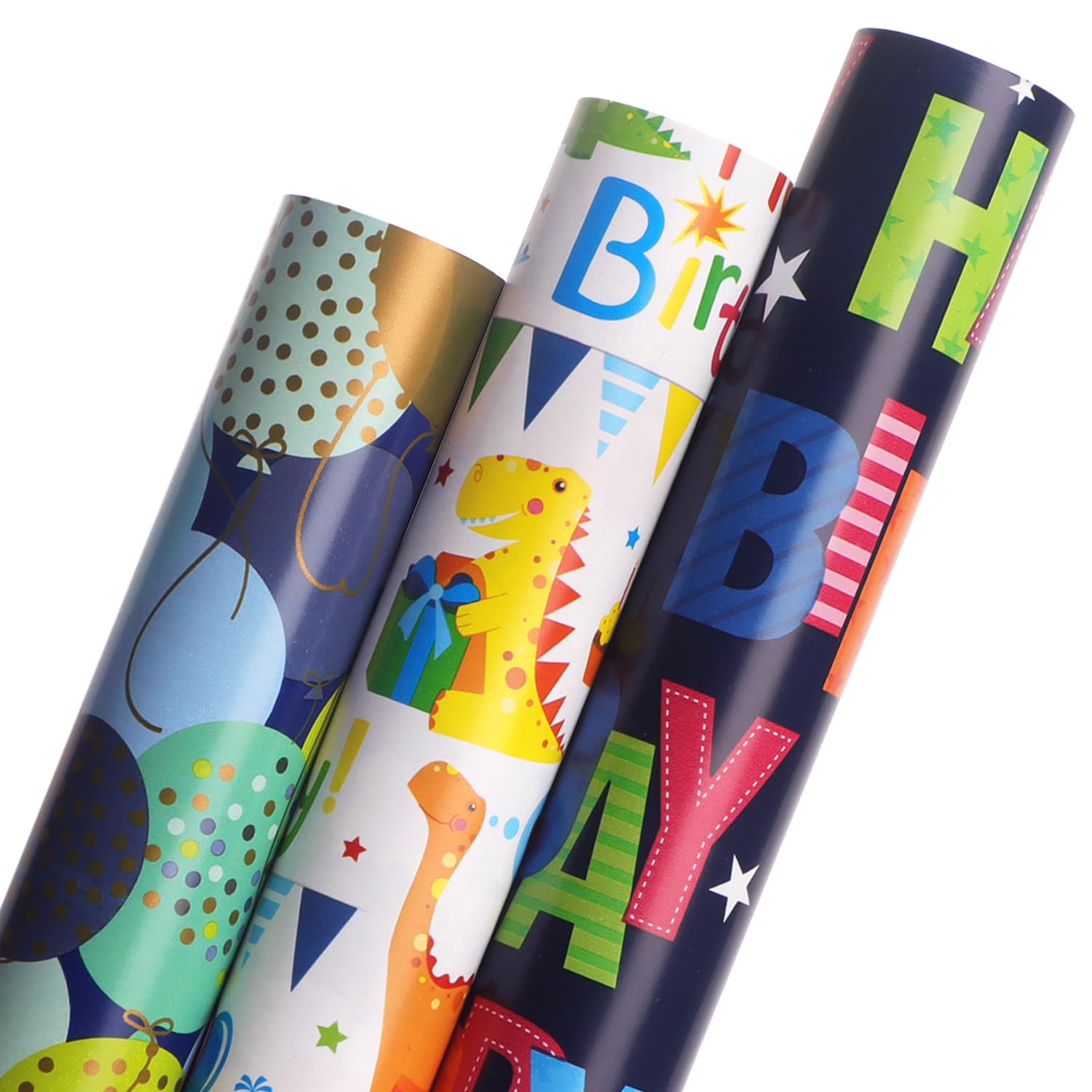 Ribbli Dinosaur Birthday Wrapping Paper 3 Rolls Happy Birthday Dinosaur Balloon Printed Wrapping Paper for Boys- Mini Roll 17 inch x 120 inch(10feet) Per Roll