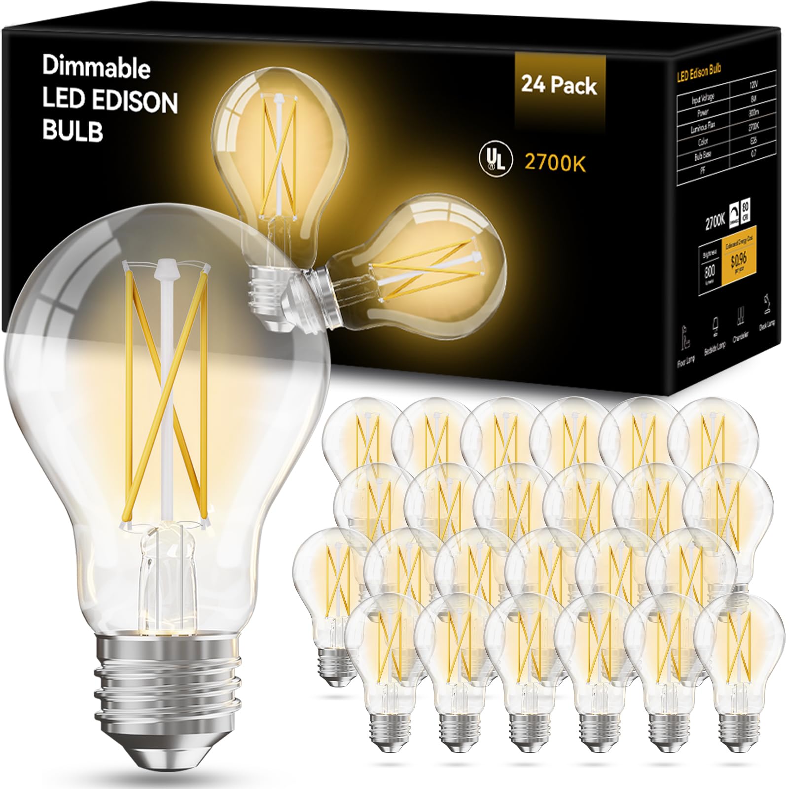 VOLIVO 24 Pack Vintage LED Bulbs, A19 Dimmable LED Light Bulb, 2700K Warm White, 60W Equivalent, CRI 80+, Clear Glass Filament Bulbs, 7W, E26 Standard Base, Classic Edison Antique Style Bulbs for Home