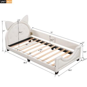 DREAMODERN Kids Twin Bed Frame with Headboard, Wood Cute Platform Bed Frame Upholstered Daybed with Carton Ears Shaped Headboard for Kids Girls Boys No Box Spring Needed - Beige