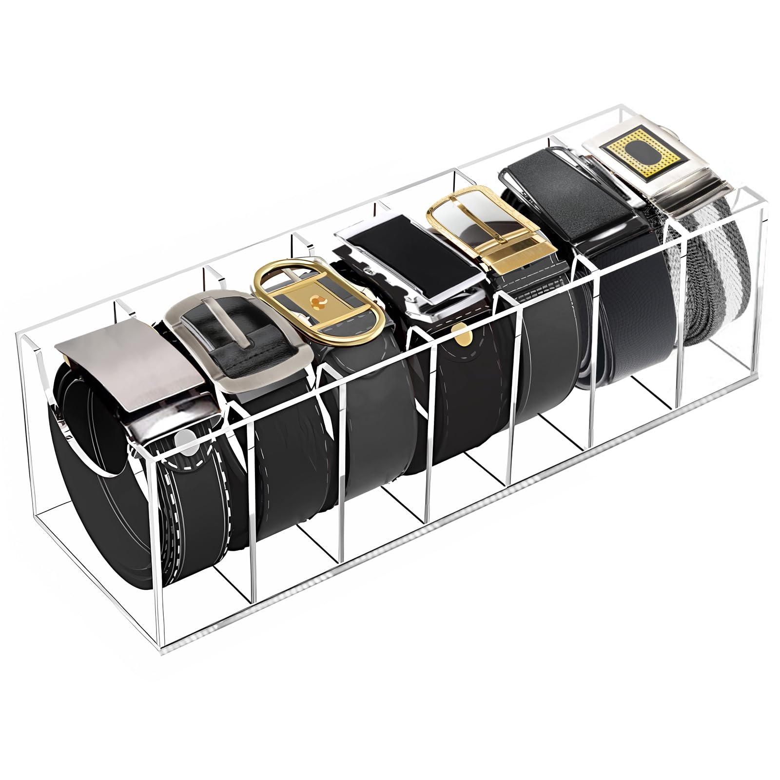 Belt Organizer for Closet, Acrylic Belt Organizer 7 Compartments Display Case for Tie and Bow Tie, Clear Belt Holder for Women Men Home