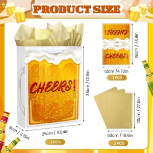 Gold Cheers Gift Bag Beer Mug Gift Wrap Bag with Greeting Card Tissue Paper for Men Women Birthday Christmas New Year Engagement Wedding Father's Day Retirement Graduations Promotions New Jobs