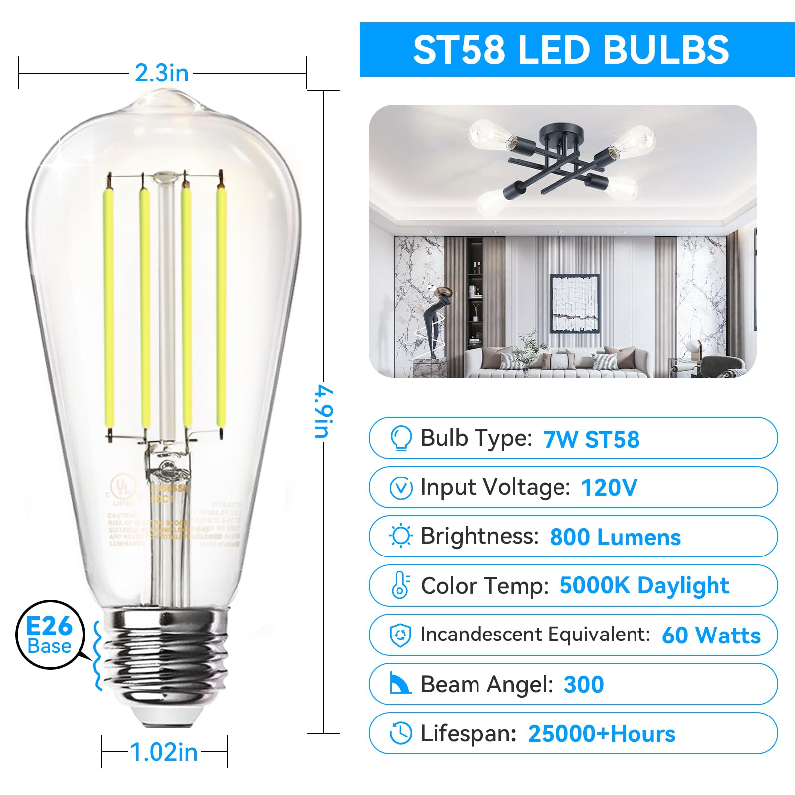 VOLIVO Edison Light Bulbs, Dimmable 7W Vintage LED Bulbs, E26 Medium Base, Daylight White 5000K, Ultra Bright, ST58, 60W Equivalent, 80+CRI,Clear Glass Filament Bulbs, Classic Antique Style 12 Pack