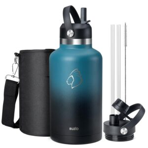 buzio 64oz water bottle insulated, half gallon stainless steel water jug with straw lid and carrying pouch, leak proof double wall thermo water flask metal canteen for gym sport camping, indigo crush