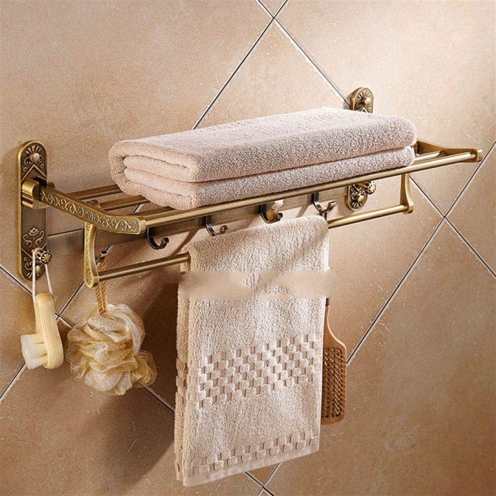 VoOqo Bathroom Towel Holder, Towel Rail Wall Mounted Aluminum Foldable Antique Brass Bath Towel Rack Active Bathroom Towel Holder Double Towel Shelf with Hooks Bathroom Accessories Convenient