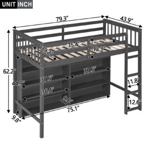 Harper & Bright Designs Twin Size Loft Bed with Storage, Wooden Loft Bed Frame with 8 Open Storage Shelves and Built-in Ladder, Gray