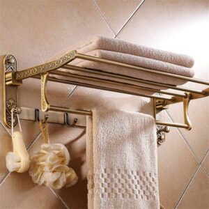 VoOqo Bathroom Towel Holder, Towel Rail Wall Mounted Aluminum Foldable Antique Brass Bath Towel Rack Active Bathroom Towel Holder Double Towel Shelf with Hooks Bathroom Accessories Convenient