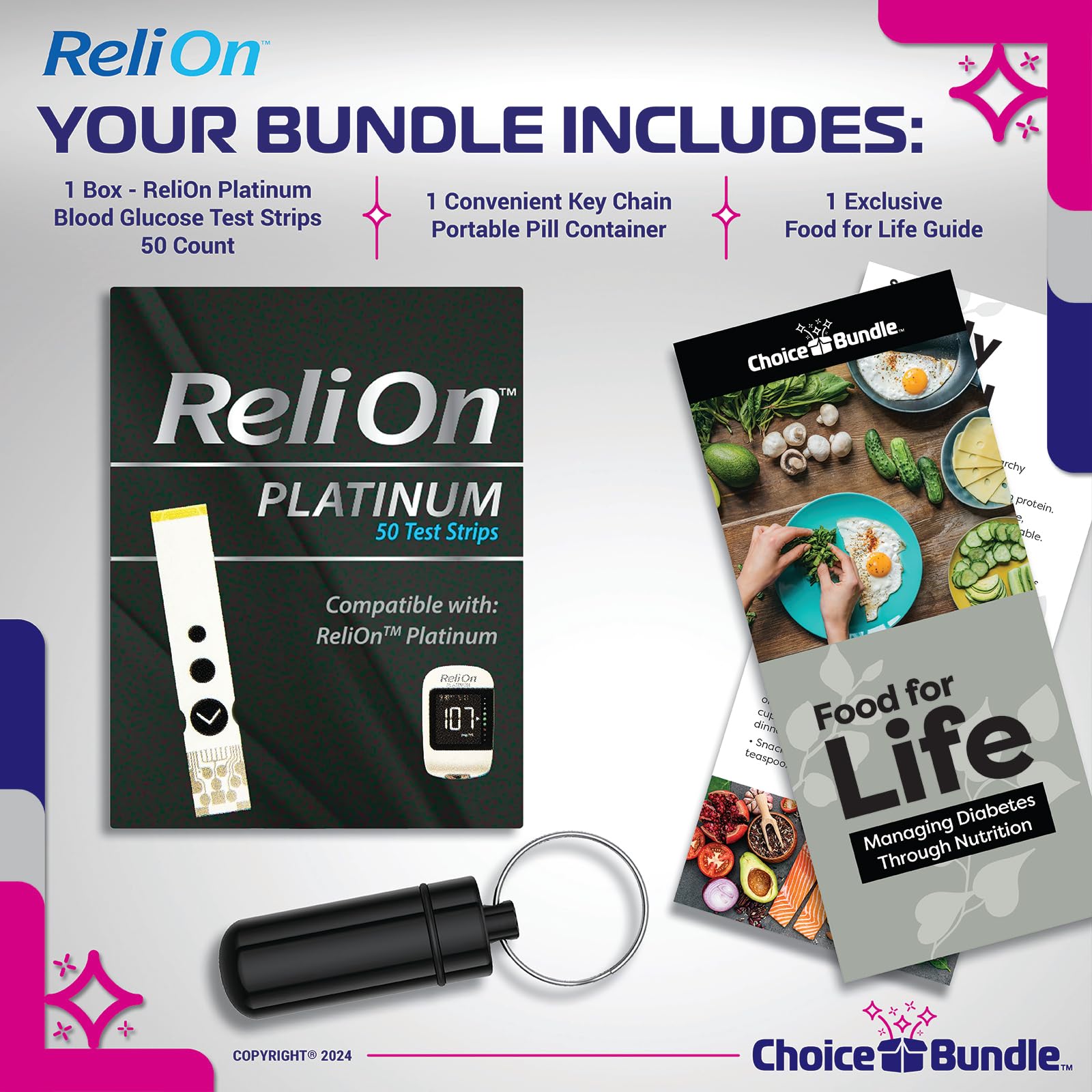 ReliOn Reli On Platinum Blood Glucose Test Strips 50 Ct Choice Bundle | Includes Food for Life Guide & Portable Pill Container (3 Items)!