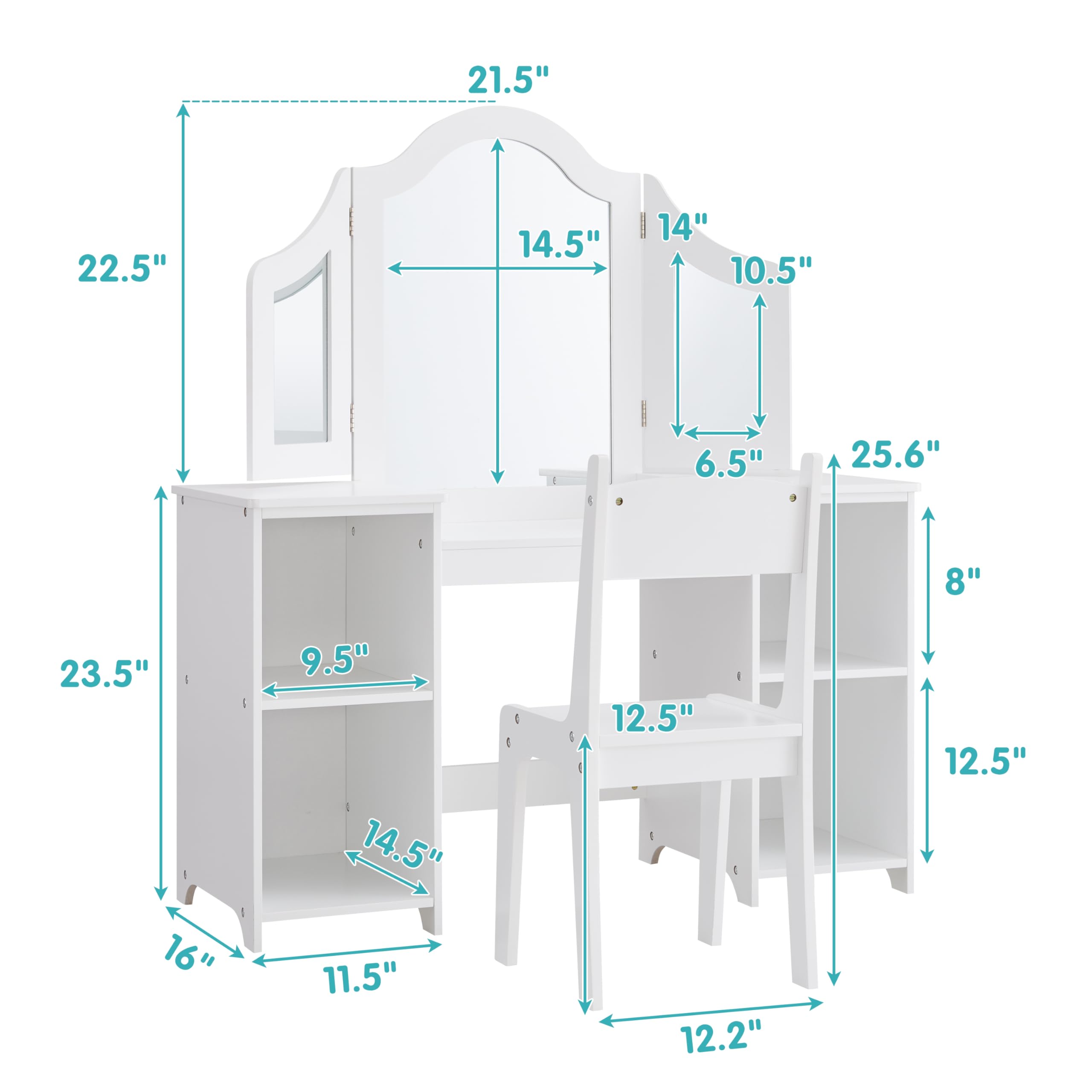 2 in 1 Kids Vanity Set, Princess Makeup Table and Chair with Open Storage Cabinet, Pretend Play Vanity with Detachable Tri-fold Mirror for Little Girls Age 3-9 (White with Chair)