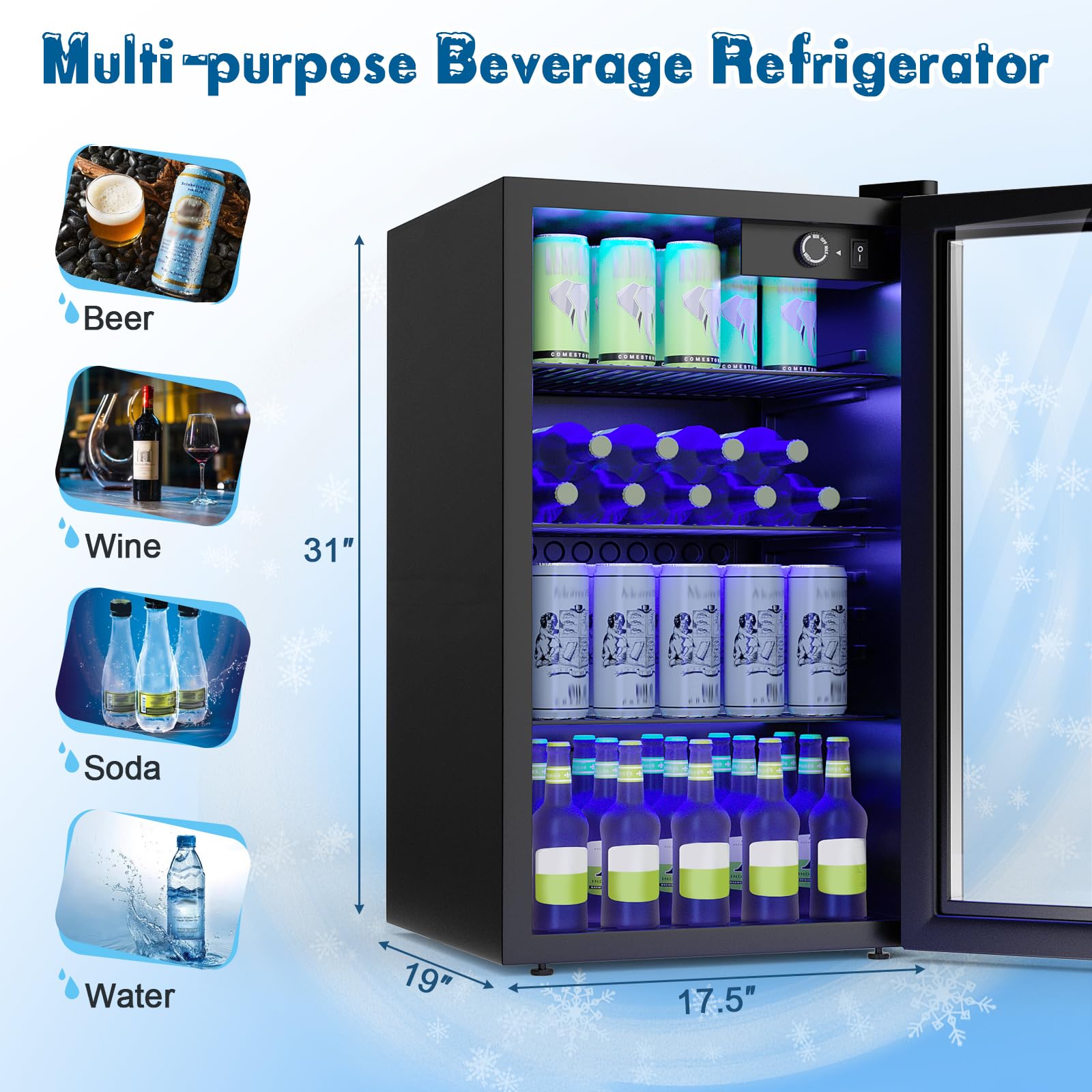 KOTEK Mini Beverage Fridge, 120 Cans Freestanding Beer Fridge with Glass Door, Removable Shelves, LED Lights & Temperature Control, Beverage Refrigerator for Bedroom Home Bar, 3.2 Cu. Ft