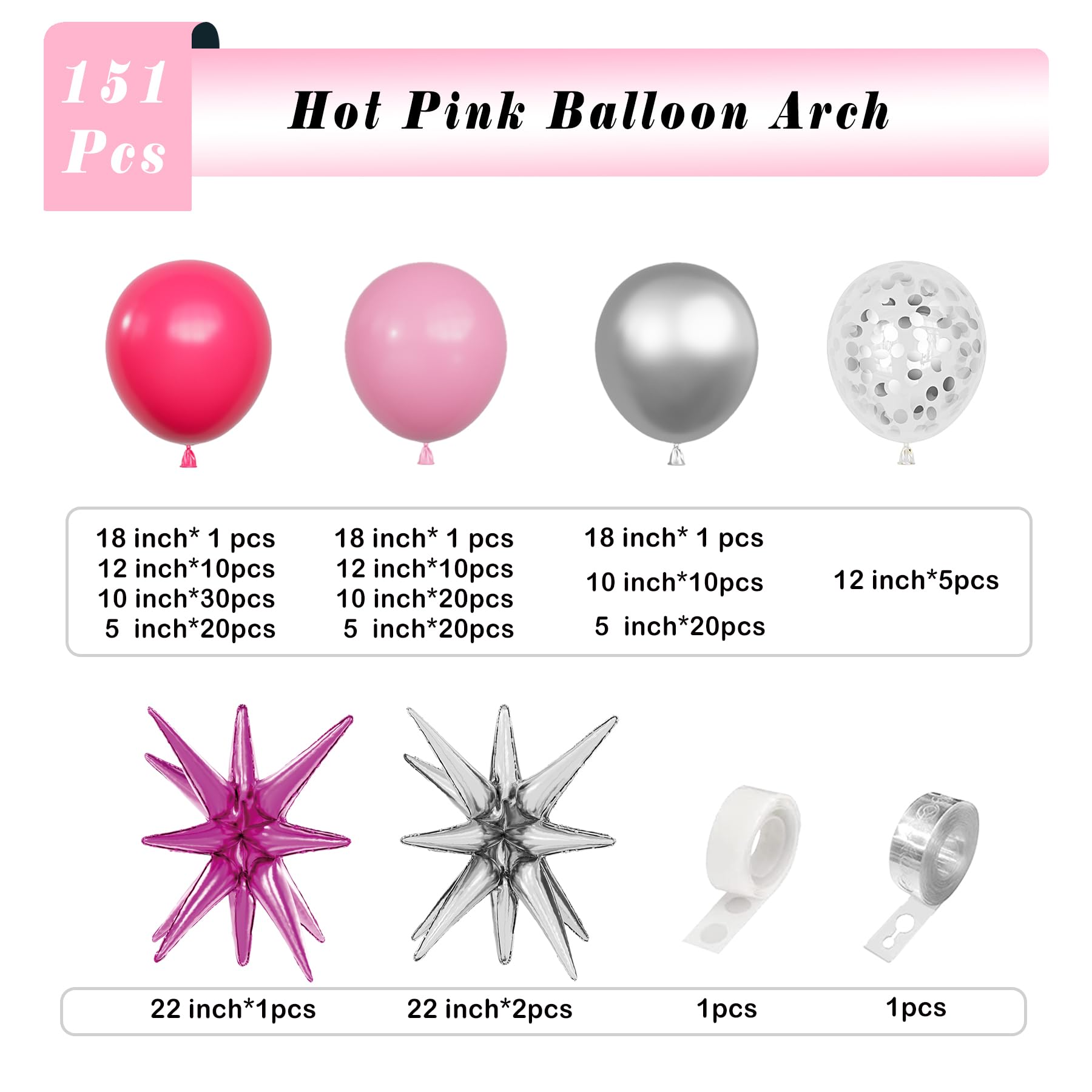 Deiiom Hot Pink Silver Balloons Arch Garland Kit-Macaron Pink Balloon Hot Pink Explosion Star Foil Balloon 151Pcs for Princess Birthday,Graduation,Bachelorette,Baby Shower,Christmas Party Decorations.