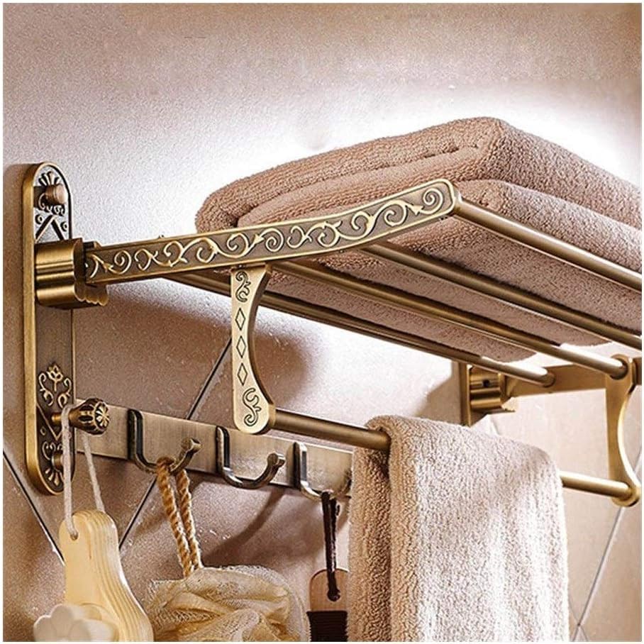 VoOqo Bathroom Towel Holder, Towel Rail Wall Mounted Aluminum Foldable Antique Brass Bath Towel Rack Active Bathroom Towel Holder Double Towel Shelf with Hooks Bathroom Accessories Convenient