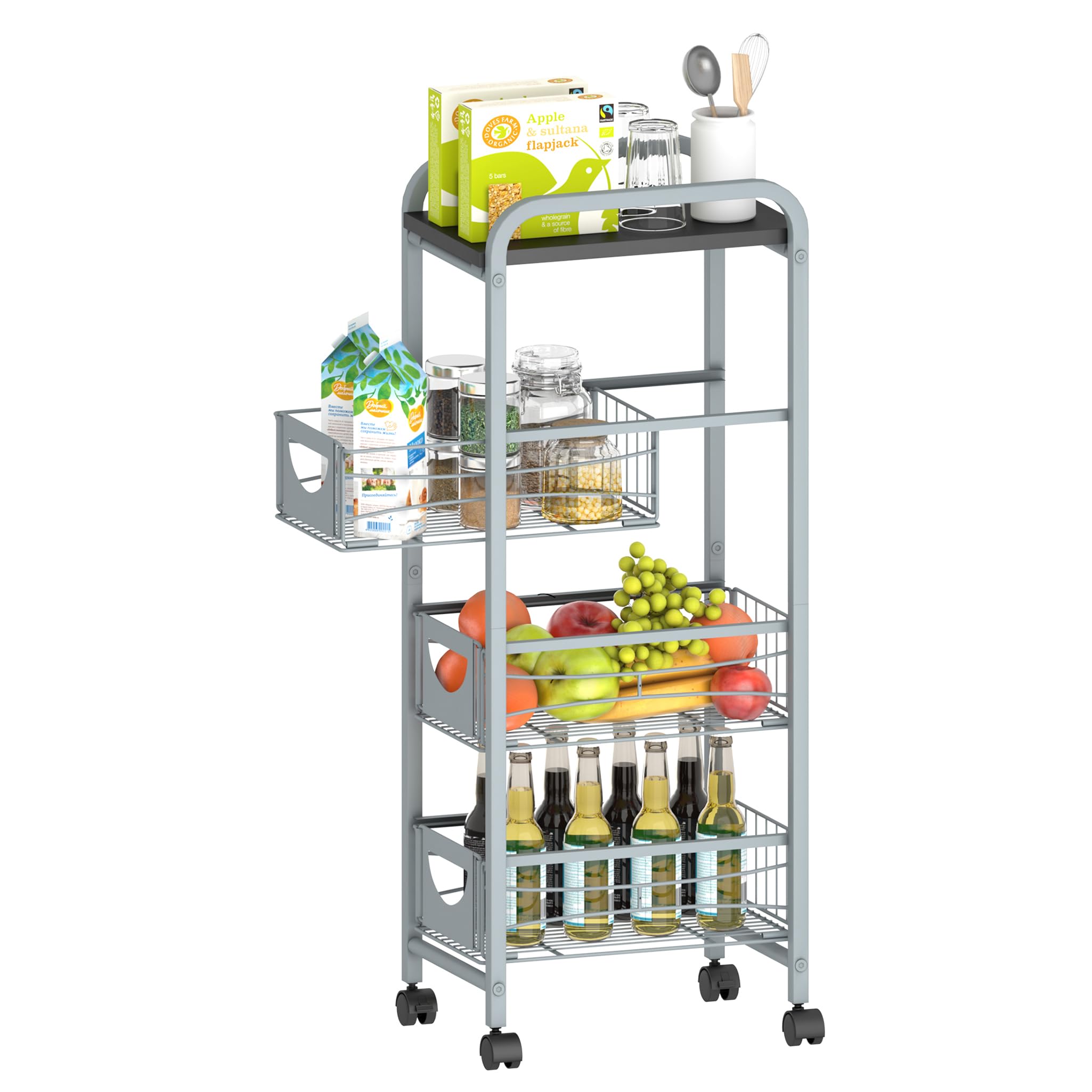 Slim Rolling Storage Cart Small Narrow Kitchen Metal Storage Cart with Lockable Wheels Slim Laundry Bathroom Storage Cart with Wooden Top for Kitchen Laundry Narrow Places with Pull-Out Basket Grey