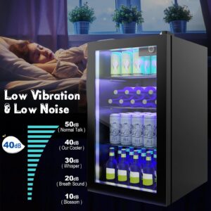 KOTEK Mini Beverage Fridge, 120 Cans Freestanding Beer Fridge with Glass Door, Removable Shelves, LED Lights & Temperature Control, Beverage Refrigerator for Bedroom Home Bar, 3.2 Cu. Ft