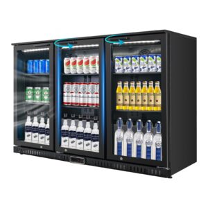 bluelinecool back bar cooler with 3 glass doors, under counter beverage refrigerator, 11.5 cu.ft mini fridge cooler with led lighting for soda drinks, beer, wine