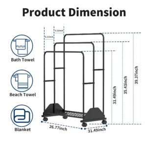 GloTika Freestanding Towel Rack for Bathroom, 3-Tiers Pool Towel Rack Outdoor, Blanket Bath Towel Drying Rack, Laundry Storage Towel Stand with Wheels for Bedroom, Towel Dryer for Bathroom Black