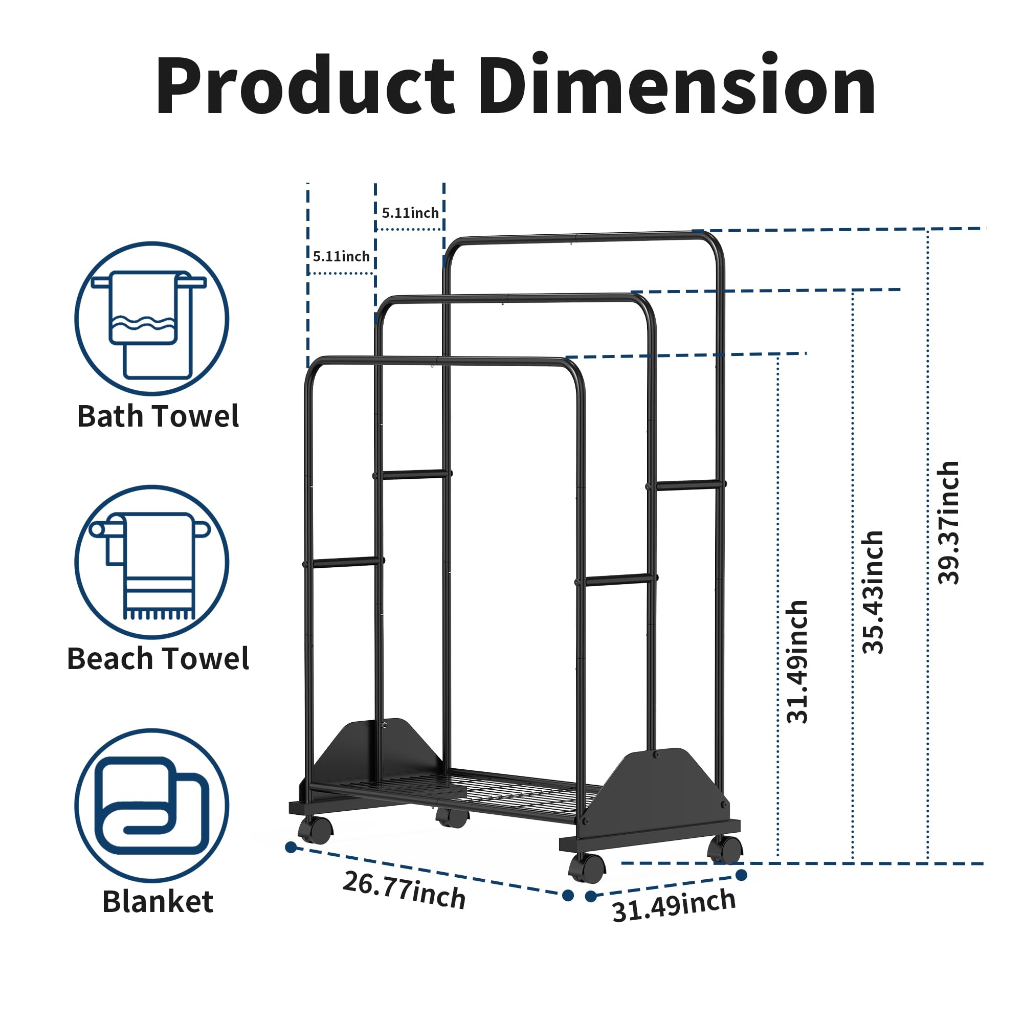 GloTika Freestanding Towel Rack for Bathroom, 3-Tiers Pool Towel Rack Outdoor, Blanket Bath Towel Drying Rack, Laundry Storage Towel Stand with Wheels for Bedroom, Towel Dryer for Bathroom Black