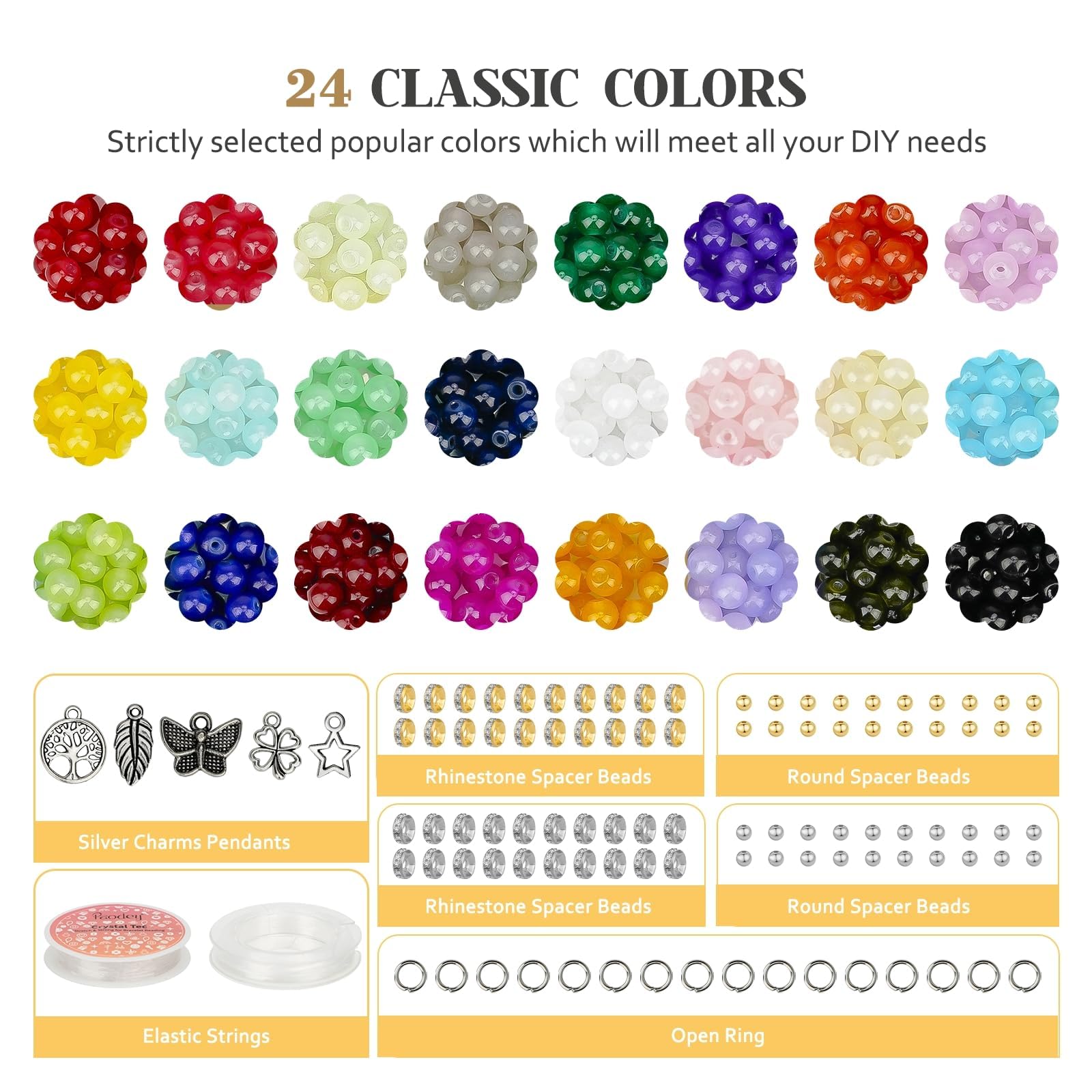 Paodey 6mm Glass Beads for Bracelets 1400pcs, Bracelet Making Kit 24 Colors Crystal Beads for Jewelry Making Round Beads DIY Crafts with Spacer Beads Charms Accessories