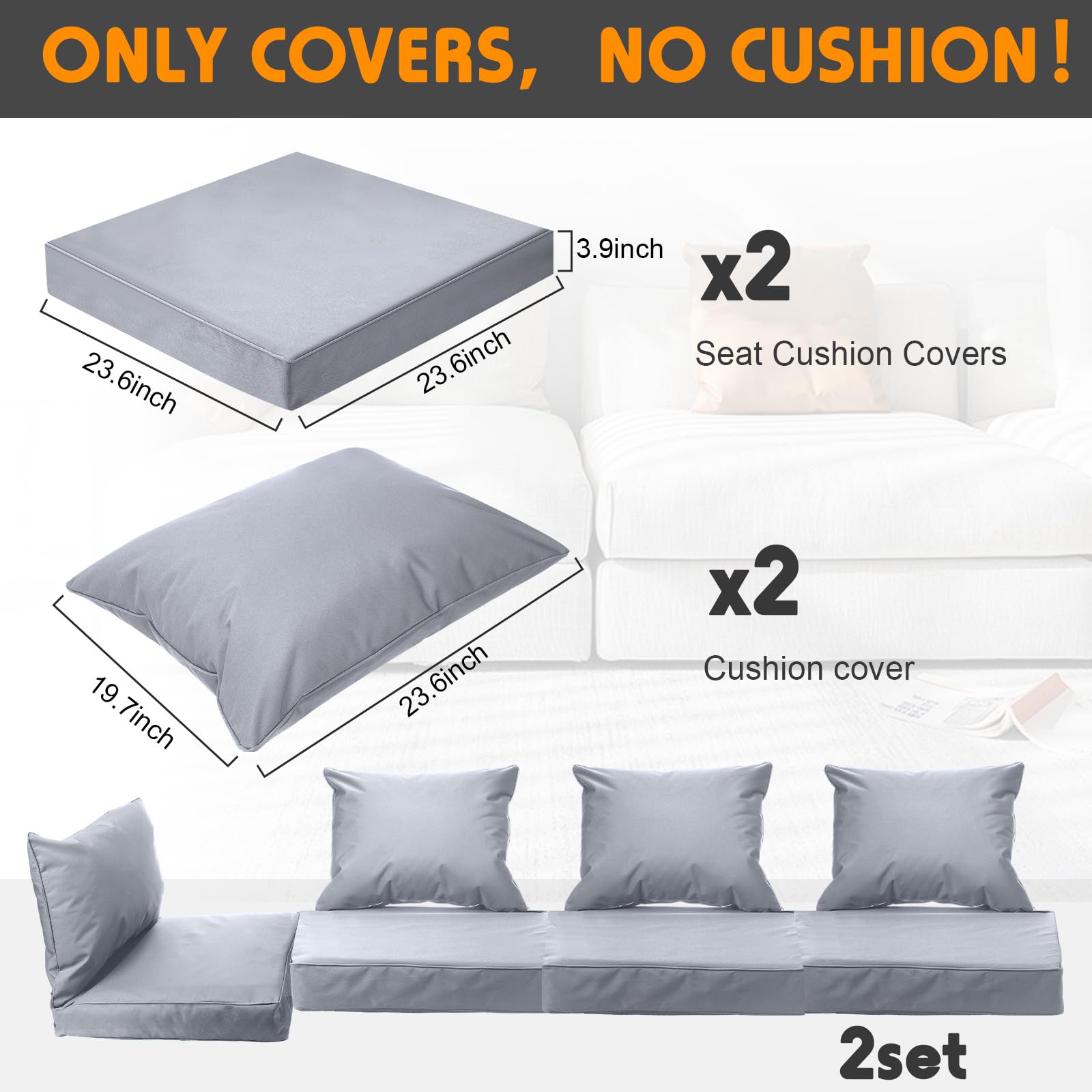 Mindsoft 4 Set Patio Cushion Covers Replacement Water UV Resistant Outdoor Cushion Slipcovers with Zipper Chair Seat Cushion Covers for Outdoor Furniture (24 x 20 Inch, 24 x 24 x 4 Inch, Silver Gray)